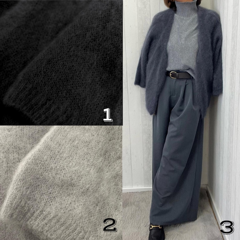 May include: A three-panel image showcasing a black, textured fabric sample, a light gray fabric sample, and a woman wearing a gray turtleneck, a dark gray cardigan, and wide-leg pants. The outfit is accessorized with a black belt and loafers.