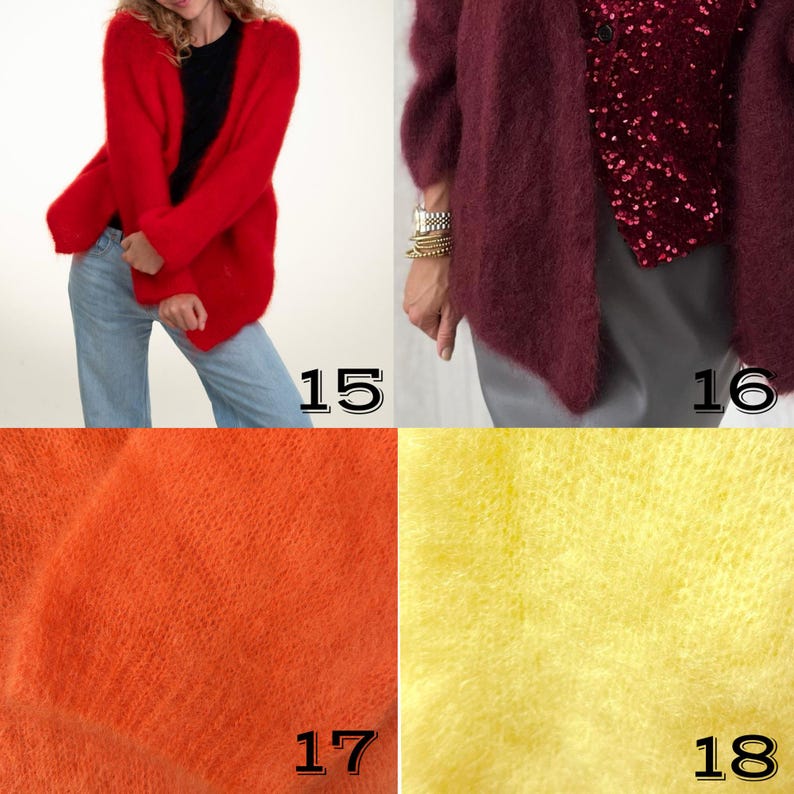 May include: A collection of four images showcasing different colored fuzzy knit cardigans. The colors include red, burgundy, orange, and yellow. The cardigans have a soft, textured appearance, and are open-front designs.
