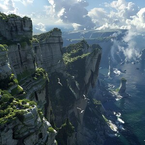 May include: A scenic landscape featuring towering cliffs with lush green vegetation and a vast ocean. White birds soar through the air, and fluffy clouds fill the sky. The image evokes a sense of natural beauty and tranquility.