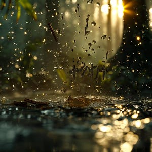 Puede incluir: Una toma macro captura gotas de agua suspendidas en el aire, reflejando la luz solar. Las gotas están dispersas por el encuadre, algunas impactando en una superficie inferior. El fondo presenta vegetación borrosa y una fuente de luz dorada, creando una escena natural dinámica.