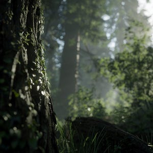 May include: A lush forest scene with a large tree trunk in the foreground, covered in green foliage. Sunlight filters through the trees, creating a hazy, atmospheric effect. The image evokes a sense of tranquility and natural beauty.