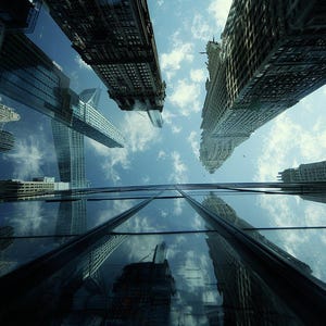 May include: Low-angle view of skyscrapers against a blue sky with scattered clouds. The buildings are a mix of architectural styles, with glass facades reflecting the sky and surrounding structures. The image conveys a sense of urban density.