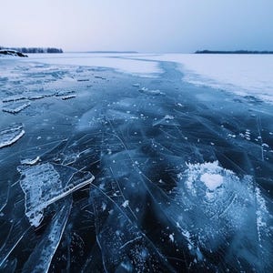 Frozen Lake at Twilight Digital Print – Cinematic Winter Landscape Wall Art, Blue and Purple Ice Reflections, Snow Texture Artwork