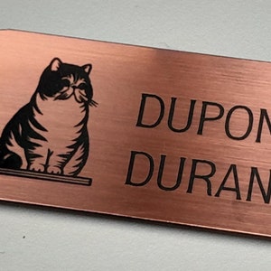 Könnte beinhalten: Ein kupferfarbenes Metallschild mit einer schwarzen Silhouette einer Katze, die auf einem Regal sitzt. Der Text auf dem Schild lautet "DUPONT Léna DURAND Gabriel".