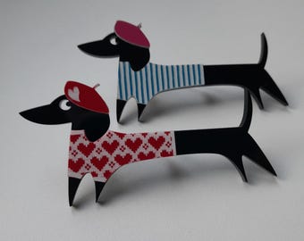 VINTAGE Lea Stein Dachshund Dog Brooch Lapel Pin Badge Plastic