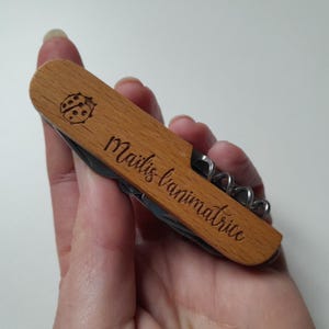 Può includere: Un multiutensile con manico in legno con un design a coccinella e il testo "Mailis laanimatrice" inciso sul manico.