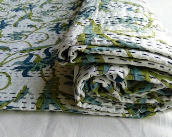 Floral Hand Block Printed Kantha Quilt, Lightweight Cotton Bedding