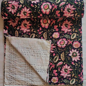 Floral Handblock Printed Quilt Handmade kantha Quilt Indian Kantha Quilt Indian Print Indian Light Weight Bedding Quilt 118