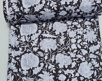 Black and White Floral Kantha Quilt, Handmade Block Print Cotton Bedspread, Reversible Indian Quilt, Boho Bedding, Cottagecore Decor