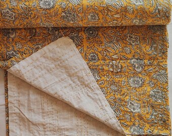 Premium Floral Hand block Printed Quilt Handmade Boho Bedding kantha Quilt, Indian Kantha Quilt, Indian Light Weight Home Decor Quilted 105