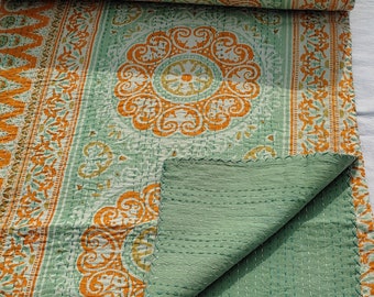 Orange and Mint Green Floral Handblock Printed Quilt Handmade Quilt Indian Kantha Quilt Indian Print Indian Light Weight Bedding Quilt 035