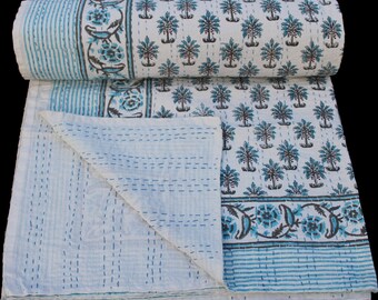 Sky Blue Floral Kantha Quilt - Hand-stitched Indian Bedding