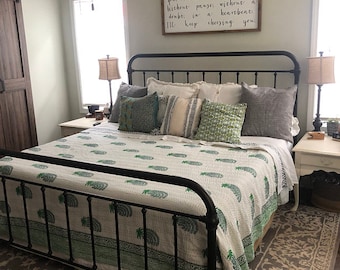 Hand Block Printed Floral Cotton Kantha Quilt, Reversible Bedding Bedspread