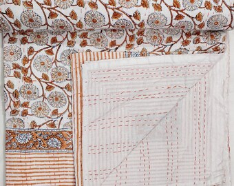 Pink Floral Handblock Printed Quilt Handmade kantha Quilt Indian Kantha Quilt Indian Print Indian Light Weight Bedding Quilt 085