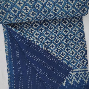 Blue Kantha Quilt, Handmade Block Print Cotton Bedspread, Blue and White Geometric Quilt, Indian Boho Bedding, Reversible Throw