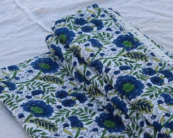 Premium Blue Floral Green leaf Hand block Print Quilt Throw Handmade kantha Quilt Indian Print Light Weight Bedding Winter Blanket Quilt 021