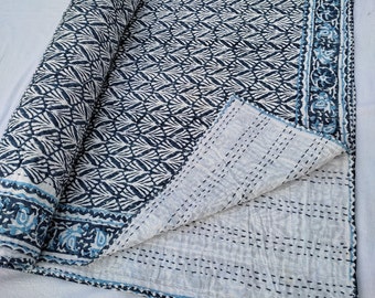 Blue Floral Handblock Printed Quilt Handmade kantha Quilt Indian Kantha Quilt Indian Print Indian Light Weight Bedding Quilt 050