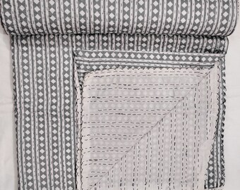 Gray Floral Handblock Printed Quilt Handmade kantha Quilt Indian Kantha Quilt Indian Print Indian Light Weight Bedding Quilt 079