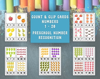 Preschool Number Matching, Count and Clip Cards, #1-20 Printable, Flash Cards