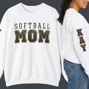 Custom Softball Mom Sweatshirt, Faux Sequin Softball Mom Shirt, Names on Sleeve, Game Day Shirt, Proud Softball Mom, Custom Name Pullover