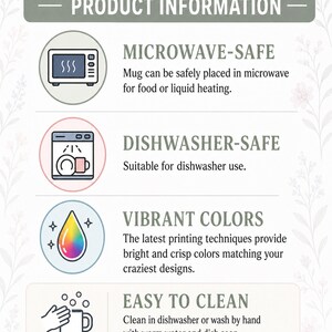 May include: An informational graphic titled PRODUCT INFORMATION listing four features: MICROWAVE-SAFE with a microwave icon, DISHWASHER-SAFE with a dishwasher icon, VIBRANT COLOURS with a colourful droplet icon, and EASY TO CLEAN with a hand washing a mug icon.
