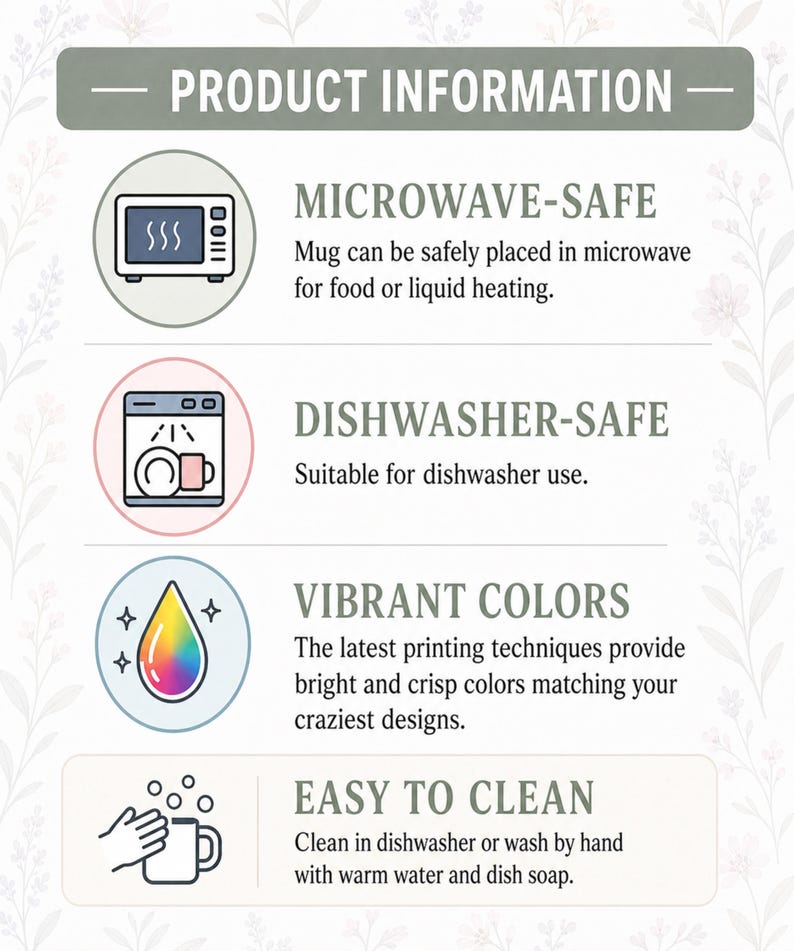 May include: An informational graphic titled PRODUCT INFORMATION listing four features: MICROWAVE-SAFE with a microwave icon, DISHWASHER-SAFE with a dishwasher icon, VIBRANT COLOURS with a colourful droplet icon, and EASY TO CLEAN with a hand washing a mug icon.