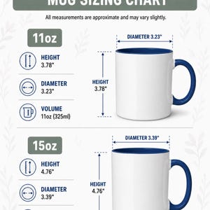May include: A mug sizing chart displaying two white mugs with blue interiors and handles. The 11oz mug measures 3.78 inches in height and 3.23 inches in diameter. The 15oz mug measures 4.76 inches in height and 3.39 inches in diameter.