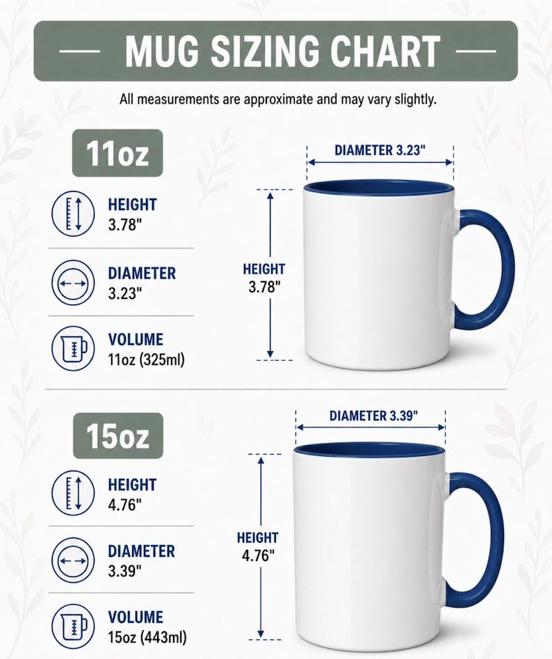 May include: A mug sizing chart displaying two white mugs with blue interiors and handles. The 11oz mug measures 3.78 inches in height and 3.23 inches in diameter. The 15oz mug measures 4.76 inches in height and 3.39 inches in diameter.