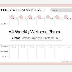PRINTABLE A4 Weekly Wellness Planner | Wellbeing, health, fitness, meal planner | Pink feminine design