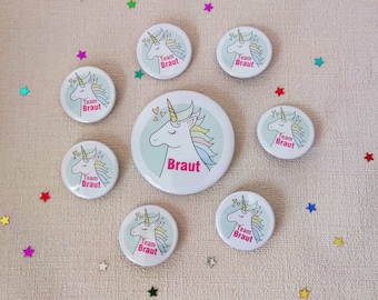 JGA Button Einhorn handgemacht, Braut, Team Braut