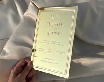 Luxe gouden spiegel acryl trouwkaarten | Gouden uitnodigingssuite | Elegante en unieke uitnodigingen voor bruiloften | Uitnodiging Suite Box