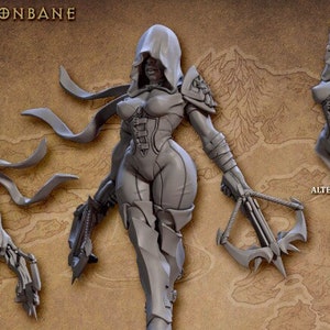 Puede incluir: Figura gris de una guerrera, Janet Demonbane, con un atuendo con capucha, sosteniendo una ballesta. La figura está de pie sobre una criatura parecida a un lobo. También se muestra una versión alternativa del busto. El nombre "JANET DEMONBANE" está en la parte superior.