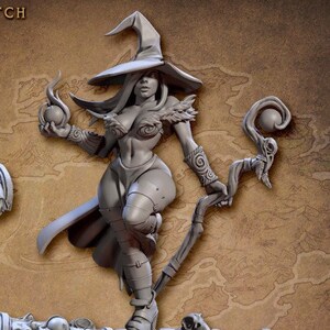 May include: A gray painted miniature of a female witch with a pointed hat and staff, standing on a chest with a toothy, monstrous mouth. The chest is open and has a long, gray tongue sticking out. The witch is holding a glowing orb in her right hand. The text "Marwina the Witch & The Mimics" is at the top of the image.