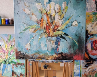 Weiße Tulpen, Blumen, Acrylgemälde, Handgemalt