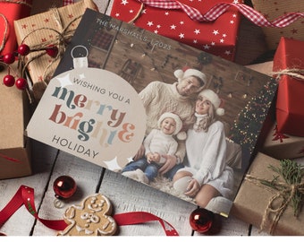 Merry and Bright Photo Christmas Card, Boho Family Photo Template, Editable Simple Holiday Template, Printable Canva Template, Retro Card