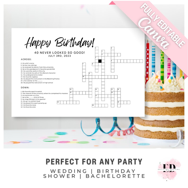 Custom Wedding Crossword Sip and Solve Puzzle Wedding Games Etsy