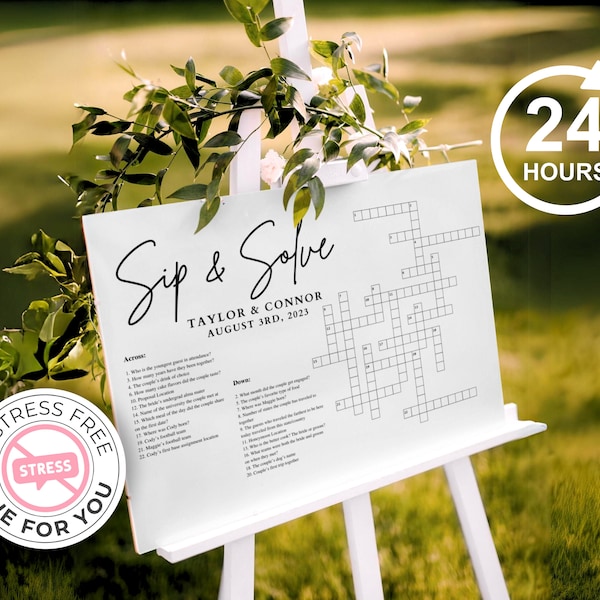 Custom Wedding Crossword Sip and Solve Puzzle, Wedding Games Digital Template, Personalized Wedding Sign, Custom Puzzle, Custom Wedding Game