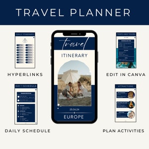 Travel Itinerary Template | Mobile Travel Planner | Editable Travel Guide | Travelling Guide Editable in Canva | Vacation Planner With Tabs