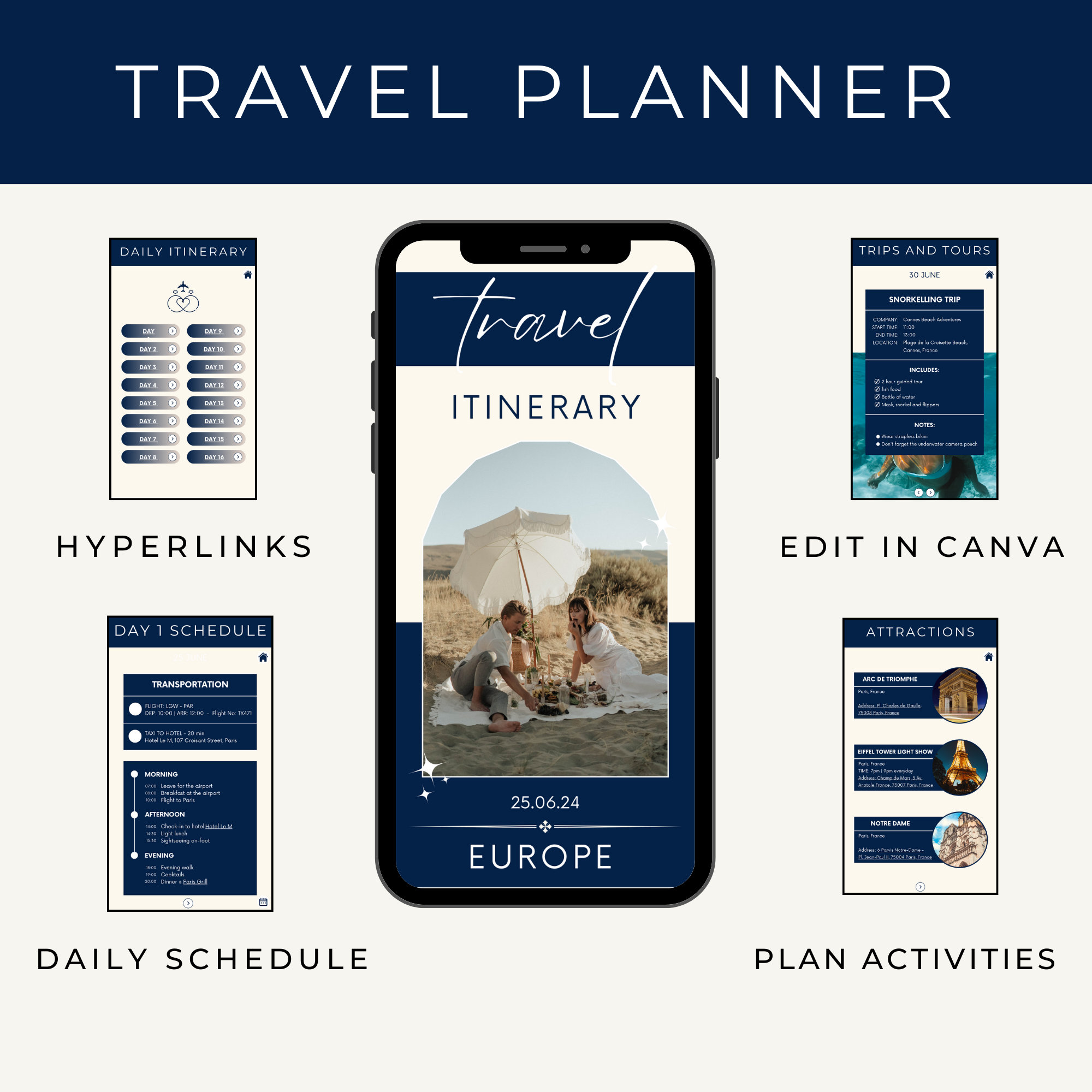 Travel Itinerary Template | Mobile Travel Planner | Editable Travel Guide | Travelling Guide Editable in Canva | Vacation Planner With Tabs