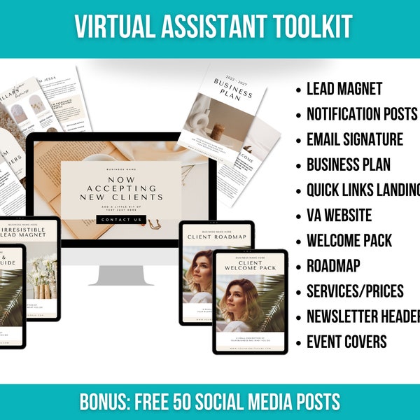 Virtual Assistant Toolkit, Client Welcome Pack, Virtual Assistant Proposal, Virtual Assistant Website, Canva Virtual Assistant Starter Pack