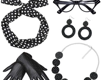 1950s Costume Accessories FULL SET Chiffon Polka Dots Bandana Headband, Cat Eye Glasses ,Earrings and Gloves , NeckLace Vintage style BLACK