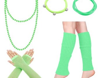 HALLOWEEN 80S Fancy Dress Neon Green Accessories Set Women Ladies Girls Set