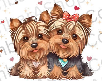 May include: Two Yorkshire Terrier dogs with brown fur, one wearing a red bow and the other a blue bandana, are cuddling together. They are surrounded by small hearts and sparkles.
