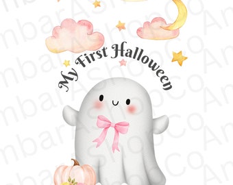 1st Halloween PNG My First Halloween Png Cute Ghost Png Baby First Halloween Baby Girl Halloween Coquette Bow Png Halloween Baby Png Boo png