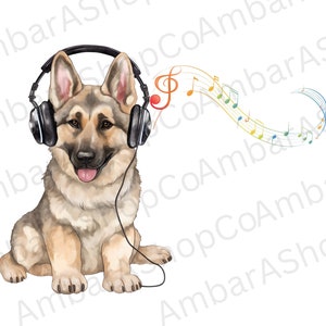 May include: A watercolor illustration of a German Shepherd puppy wearing headphones with musical notes flowing from the headphones. The puppy is sitting with its tongue sticking out and has a happy expression on its face.