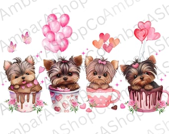 May include: Three Yorkshire Terrier dogs sitting in pink teacups with hearts and chocolate designs. Each dog has a pink bow and is surrounded by pink hearts. One dog has pink balloons above it.