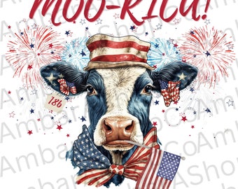 Vaca americana con diseño del 4 de julio Bandera americana vaca png Moo-rica png Regalo de vaca para mamá amante de las vacas Highland png Diseño de sublimación de vacas de granja