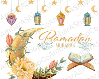 Ramadan png Ramadan floral svg Happy Ramadan SVG Ramadan Kareem png Islamic crescent moon Watercolor moon png watercolor lantern svg Mubarak