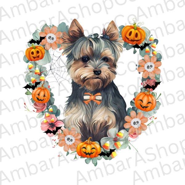 Happy Halloween Dog Png Yorkie dog Halloween png Pumpkin png Dog Wreath png Floral Dog png Skeleton Png Spooky Wreath Dog wearing tie png