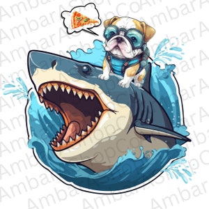 Bulldog riding Shark png Cute Funny Ocean Sticker Decal T-shirt Graphics Shark SVG Shark Week Shark mouth png American Bulldog png Scuba dog